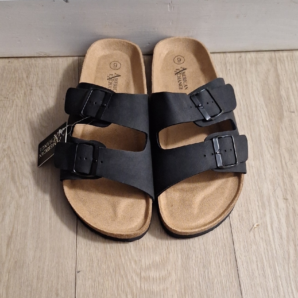 American Exchange Black  Double-Buckle Cork-Style Slide Sandals BRAND NEW